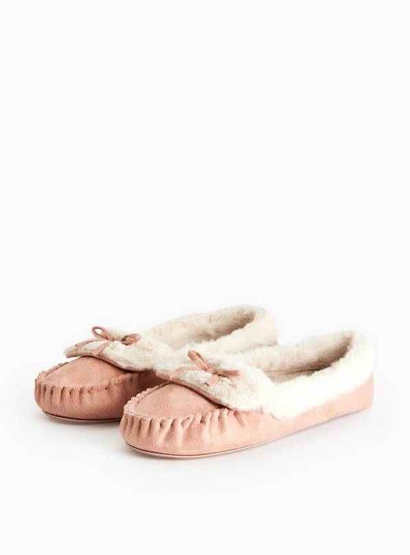 Pink Faux Fur Trim Moccasin Slippers 5