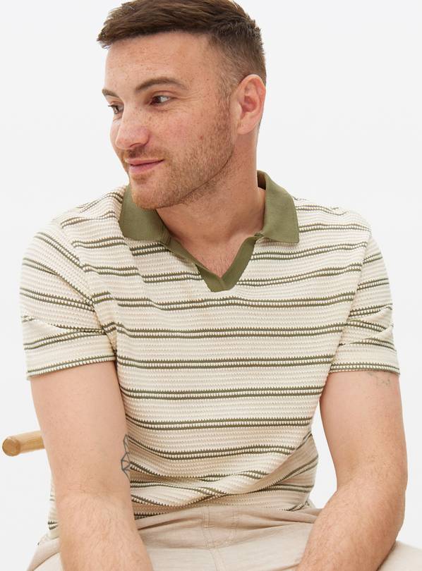 Khaki Stripe Textured Polo Shirt M