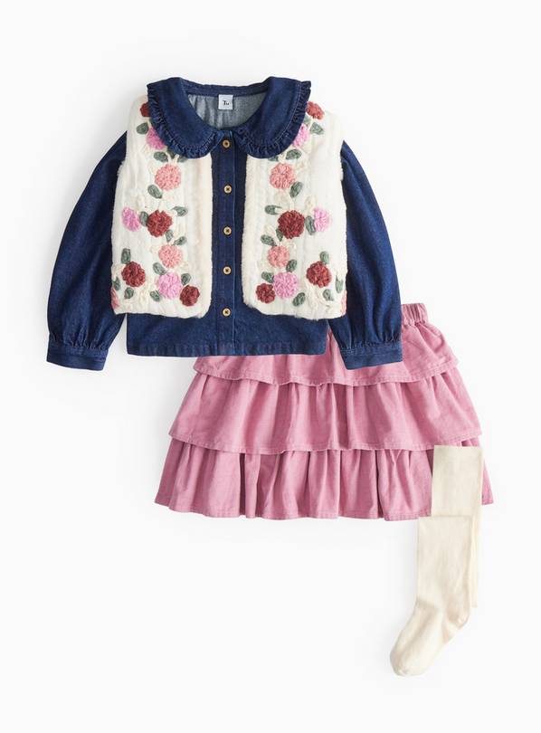 Denim Blouse With Gilet And Rara Skirt 4-Piece Set 5-6 years