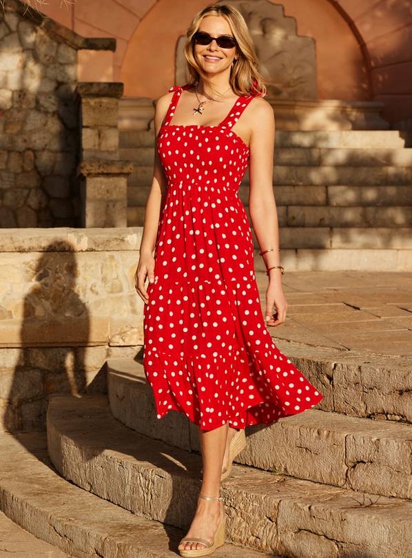 SOSANDAR Red & White Spot Print Tie Shoulder Midi Dress 16