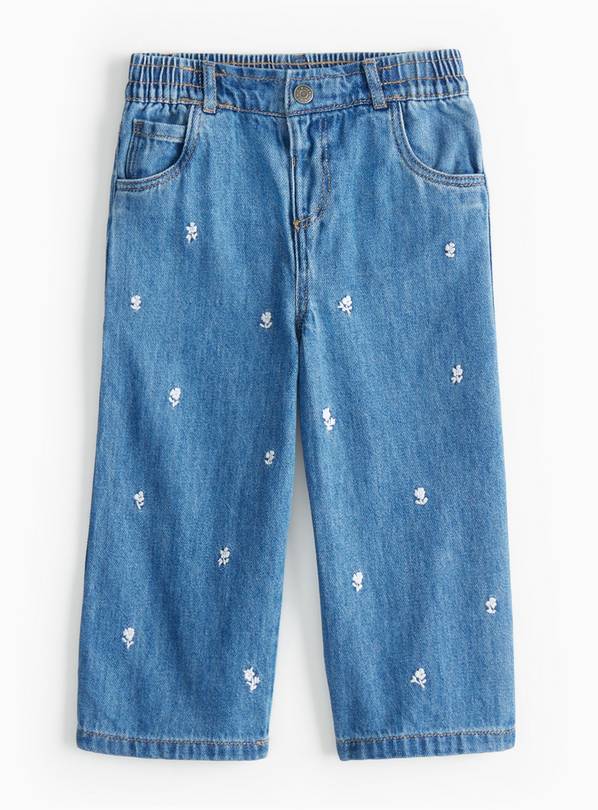 Flower Embroidered Wide Leg Denim Jeans  3-4 years