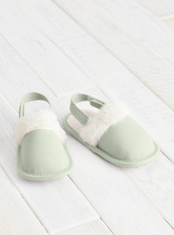 Sage Green Faux Fur Lined Ankle Strap Mules 3-6 months