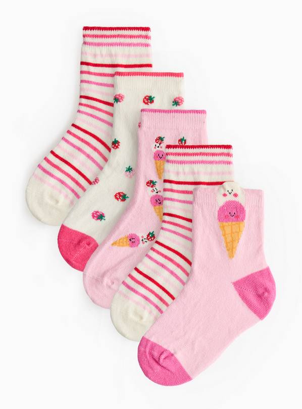 Pink Ice Cream Print Ankle Socks 5 Pack 6-8.5