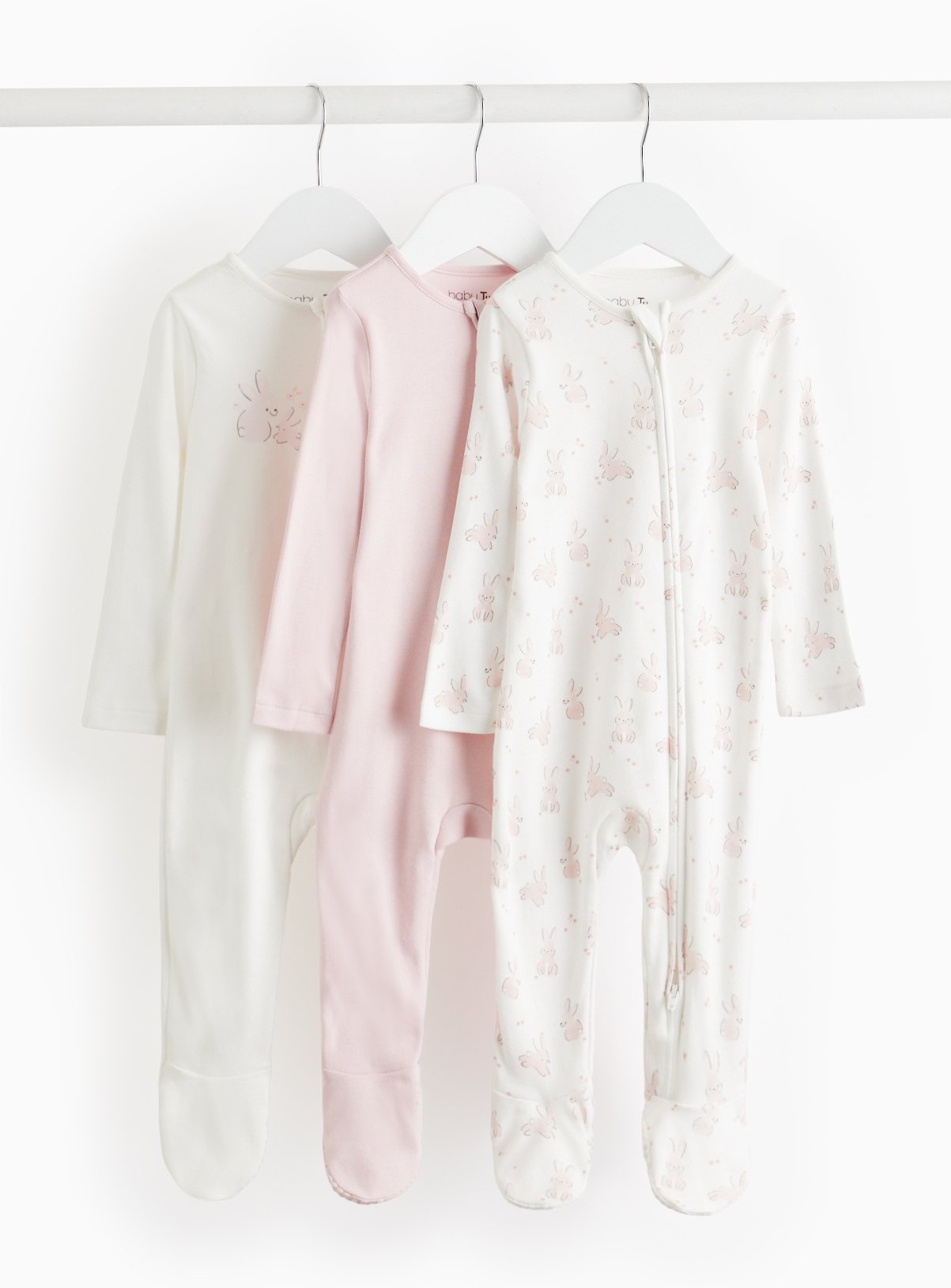 Pink Bunny Print Zip Sleepsuit 3 Pack 9-12 months - Image 1 thumbnail