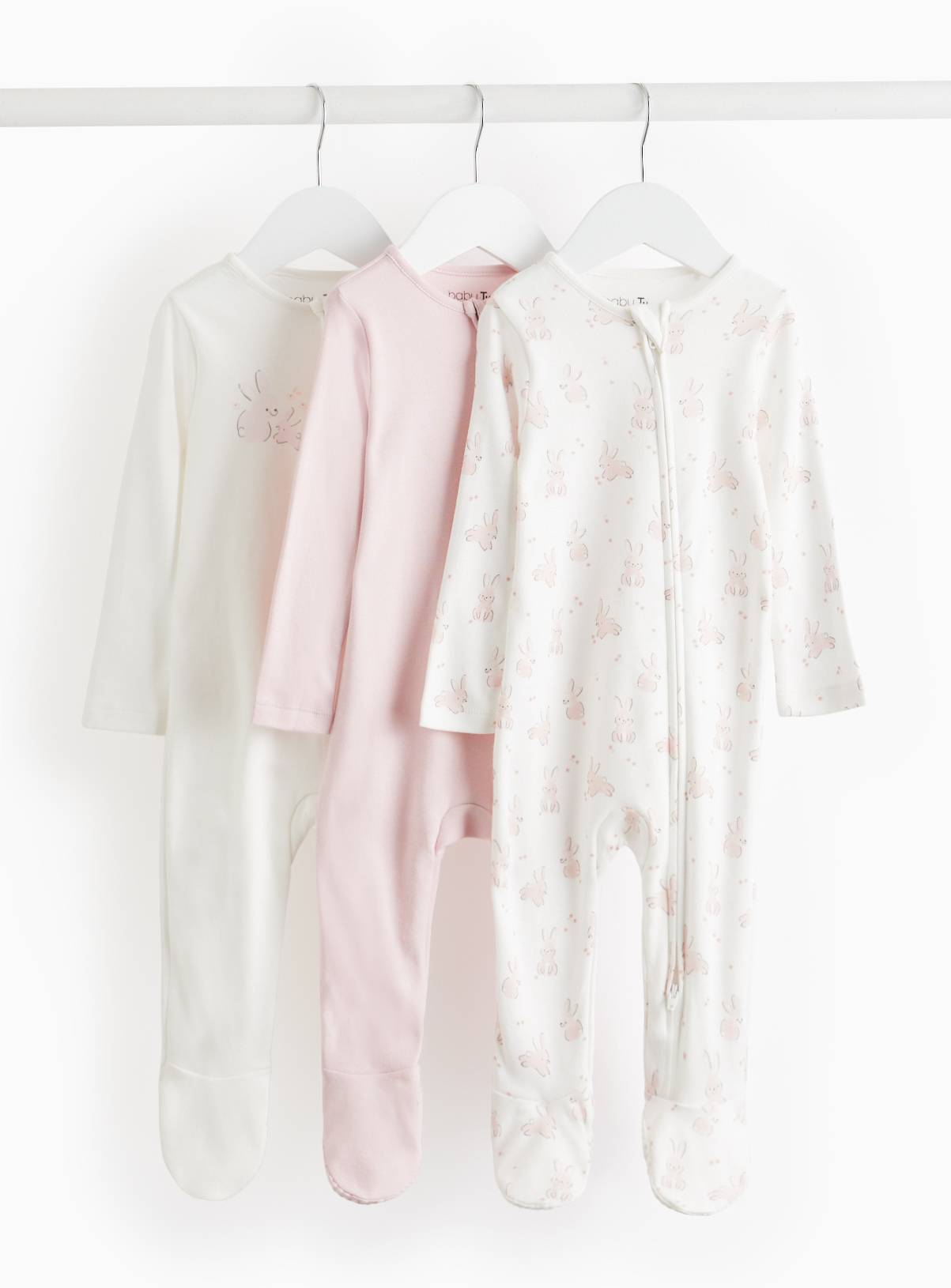 Pink Bunny Print Zip Sleepsuit 3 Pack 12-18 months - Image 1
