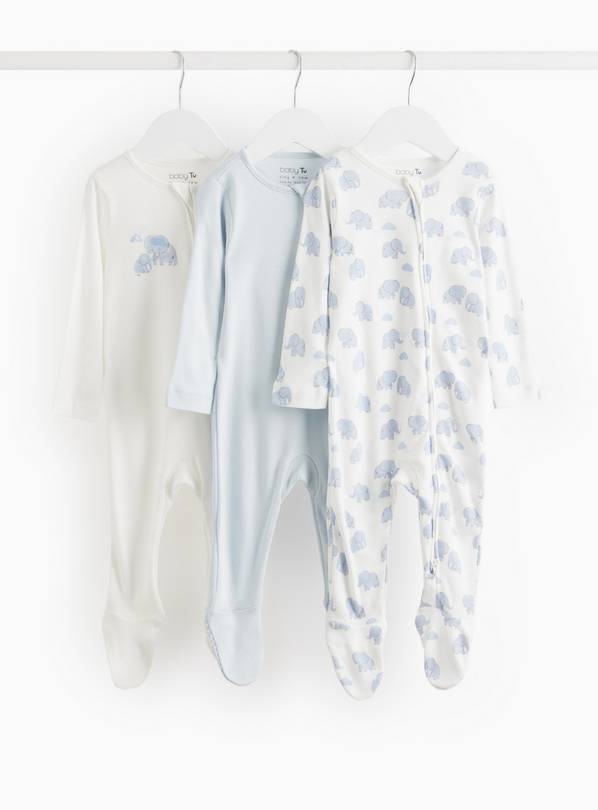 Blue Elephant Print Zip Sleepsuit 3 Pack Tiny Baby