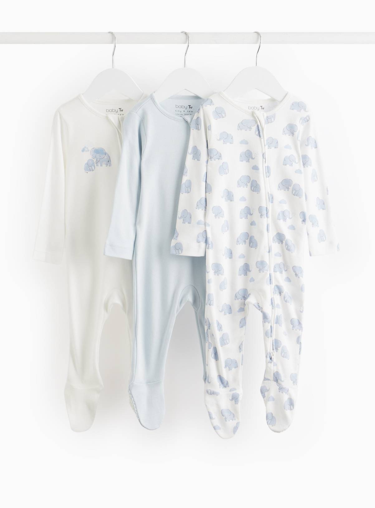 Blue Elephant Print Zip Sleepsuit 3 Pack 18-24 months - Image 1