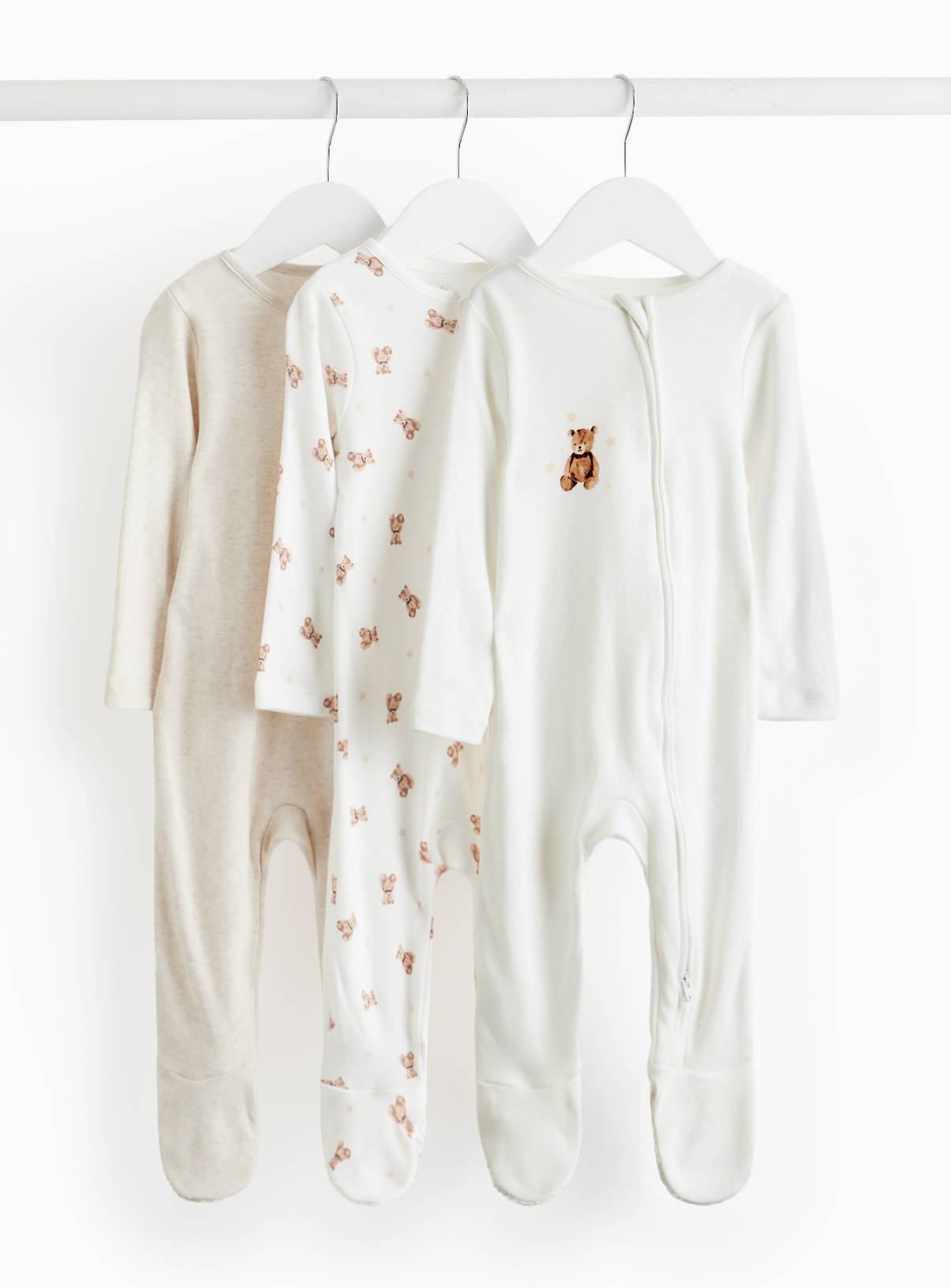 Cream Bear Printed Zip Sleepsuit 3 Pack 12-18 months - Image 1