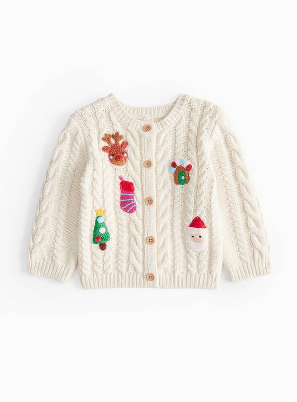 Cream Christmas Applique Cable Knit Cardigan Newborn