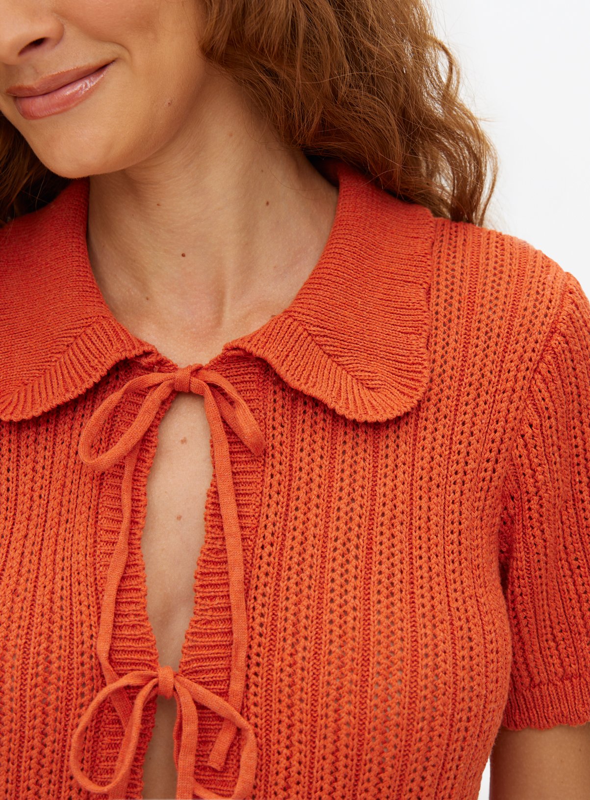 Orange Pointelle Cropped Tie Front Cardigan 24 - Image 2 thumbnail