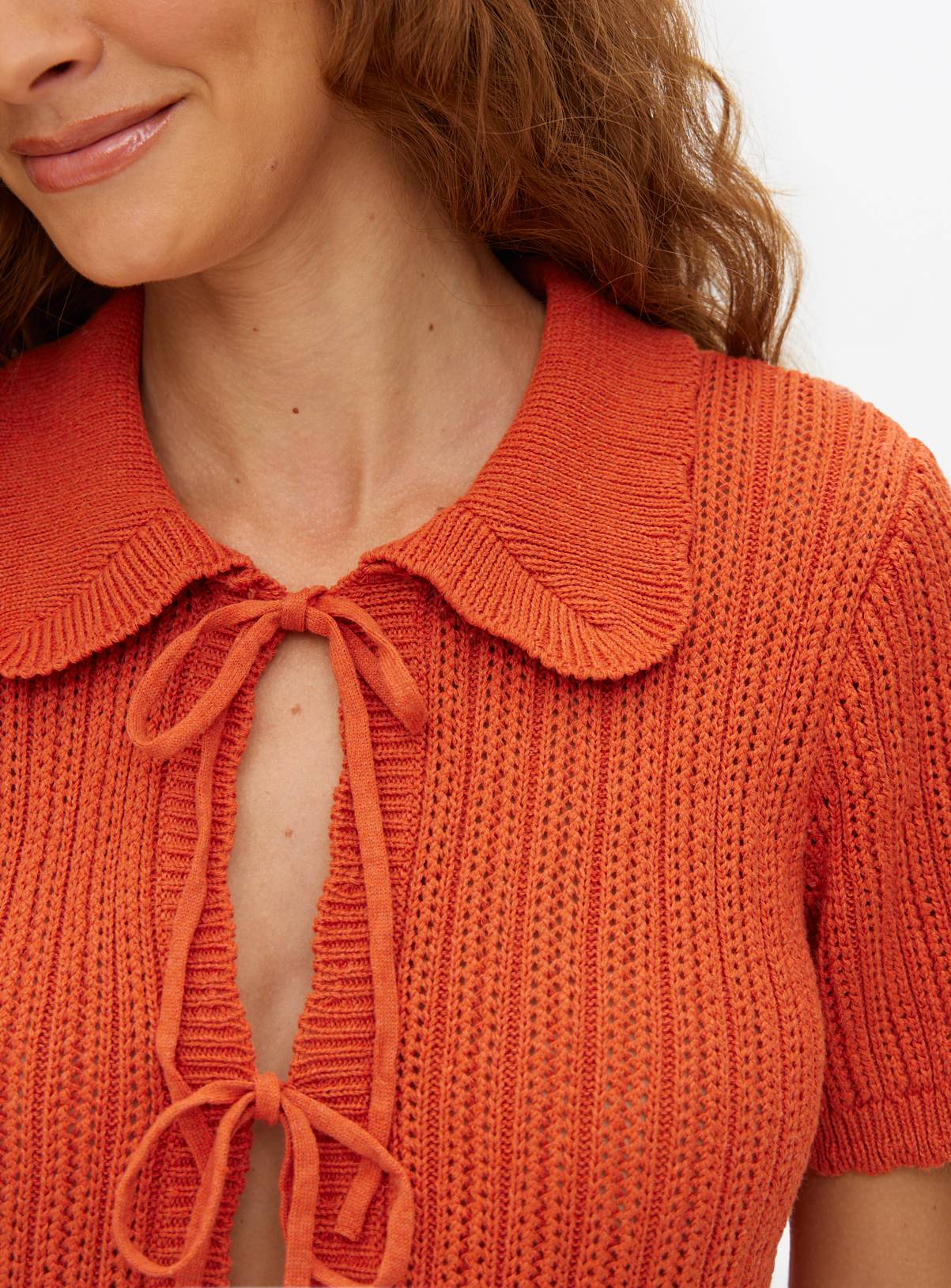 Orange Pointelle Cropped Tie Front Cardigan 24 - Image 2