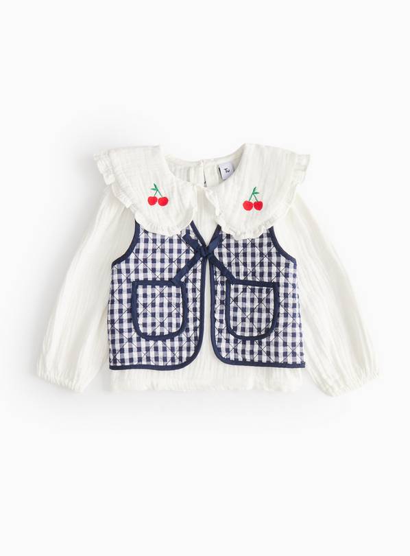 White Woven Collared Top & Navy Gingham Gilet Set 3-4 years