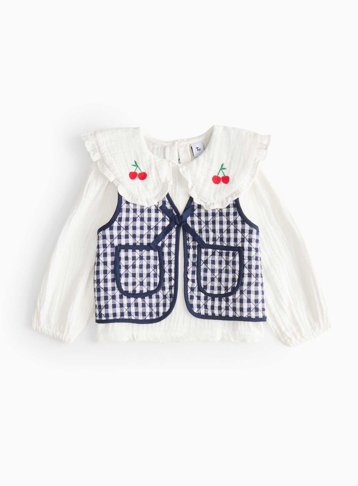 White White Woven Collared Top & Navy Gingham Gilet Set - Tu by Sainsbury's