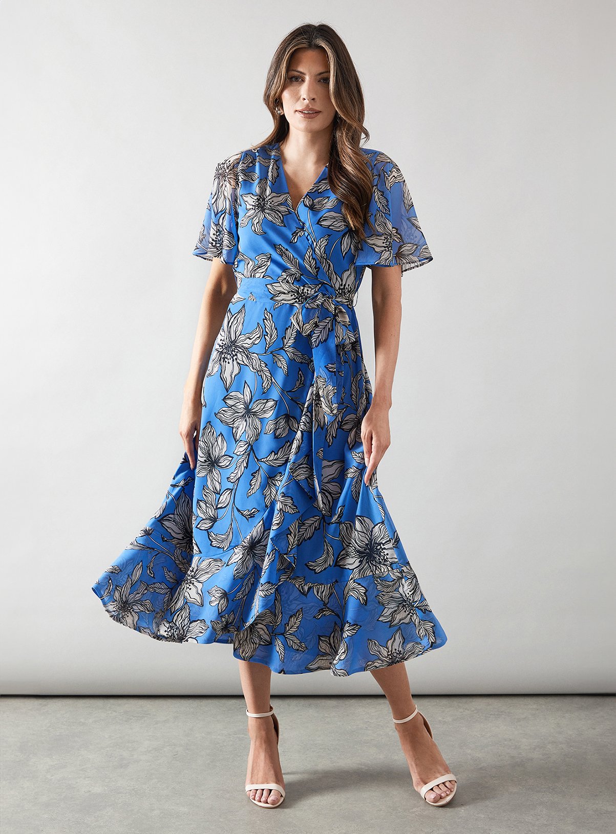 WALLIS Floral Ruffle Wrap Belted Midi Dress 10