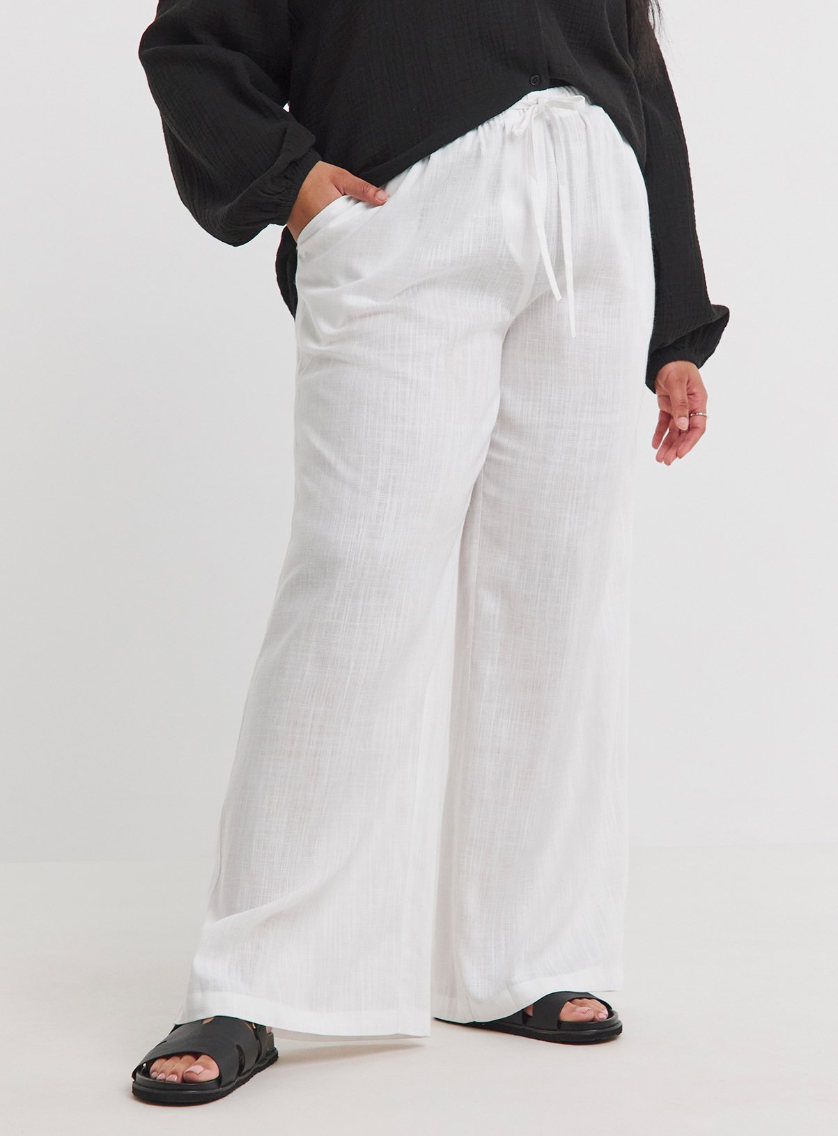 White SIMPLY BE Tie Waist Linen Wide Leg Trousers