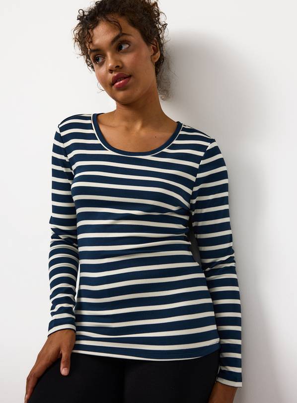 Navy Striped Brushed Thermal Long Sleeve Top S