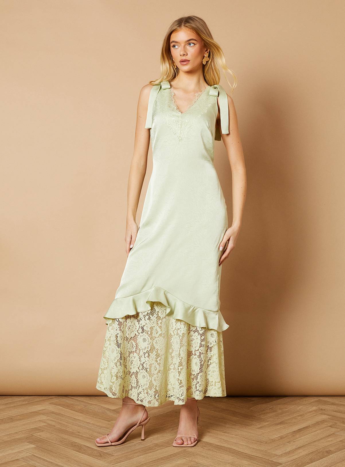 OASIS Satin Lace Tie Shoulder Maxi Dress 10 - Image 1