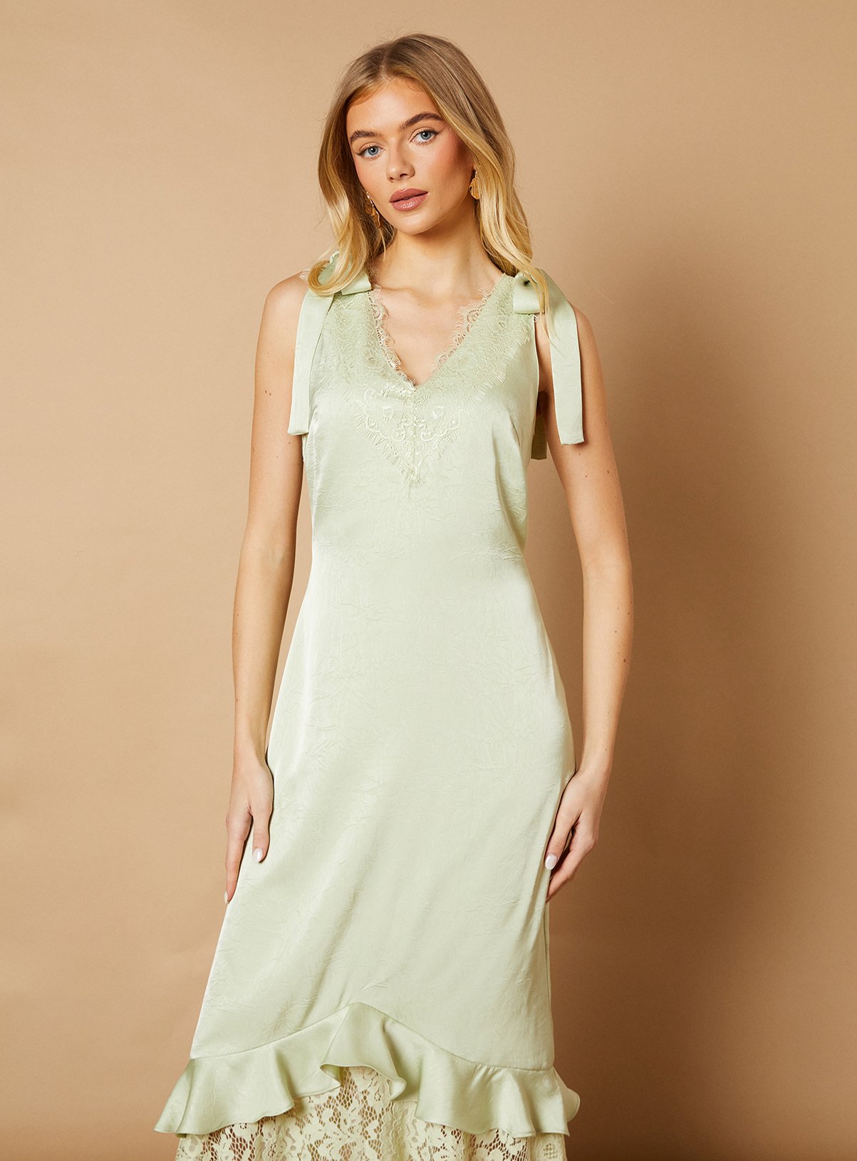 OASIS Satin Lace Tie Shoulder Maxi Dress 10 - Image 2 thumbnail