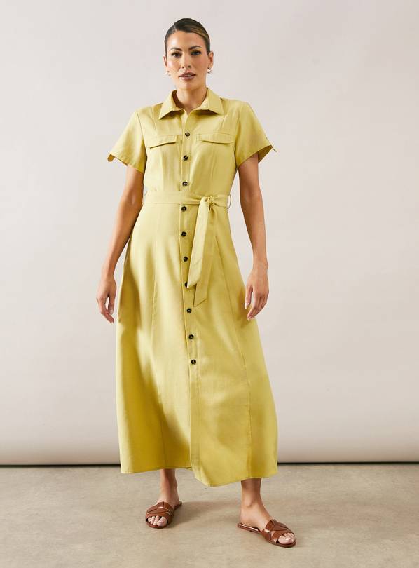 WALLIS Viscose Linen Pocket Shirt Midaxi Dress 14