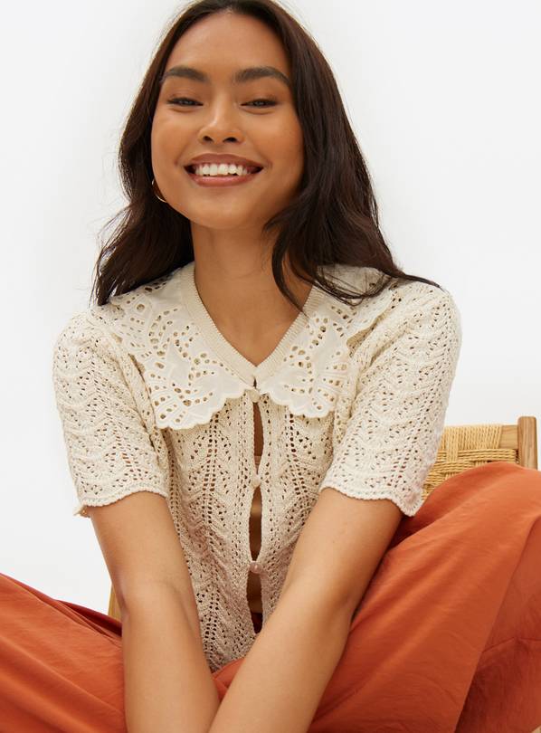 Cream Broderie Collar Pointelle Knit Cardigan 6