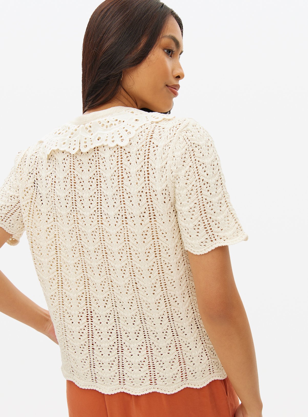 Cream Broderie Collar Pointelle Knit Cardigan 10 - Image 4 thumbnail