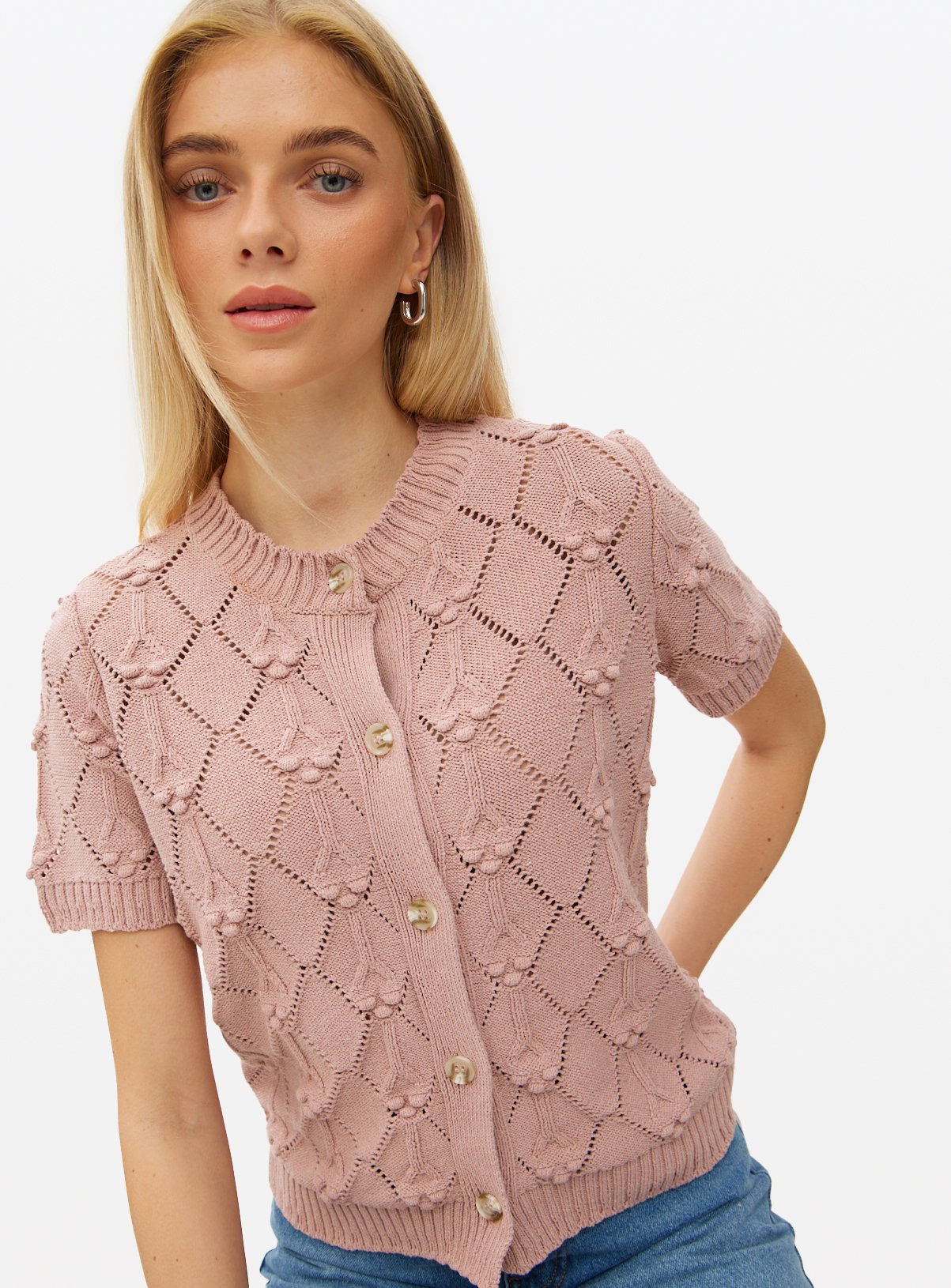 Pink Bobble Stitch Short Sleeve Cardigan