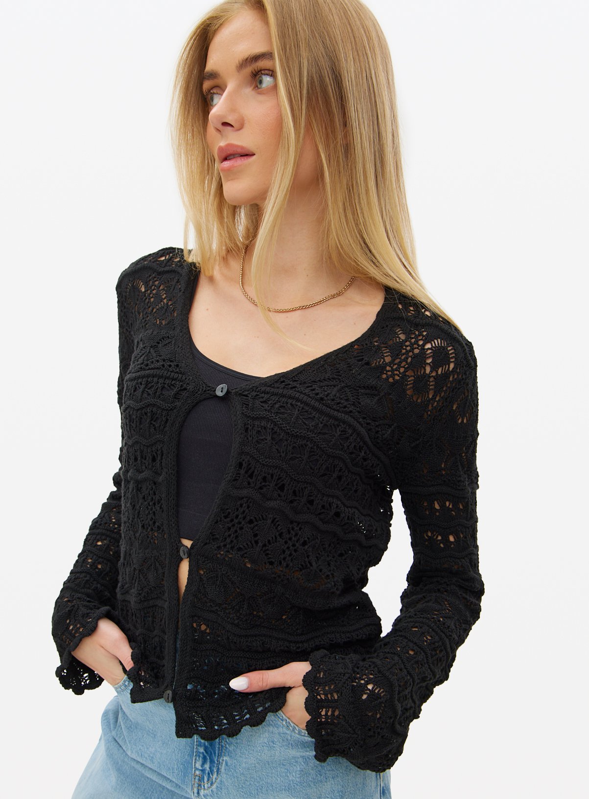 Black Pointelle Scallop Trim Cardigan