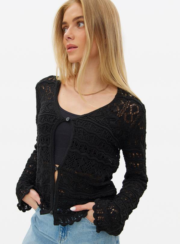 Black Pointelle Scallop Trim Cardigan  14