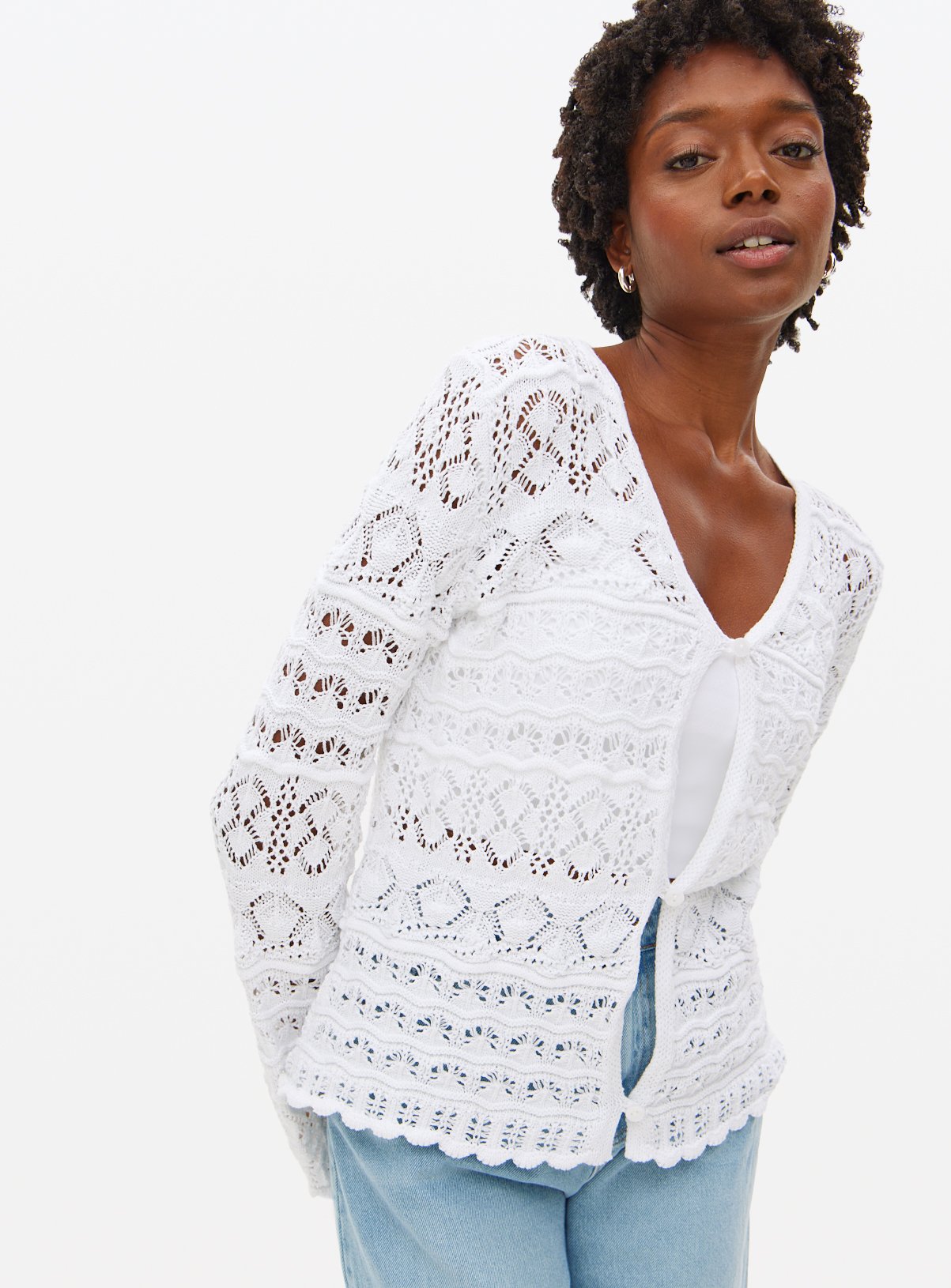 White Pointelle Scallop Trim Cardigan 6 - Image 1 thumbnail