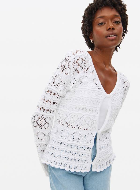 White Pointelle Scallop Trim Cardigan  6