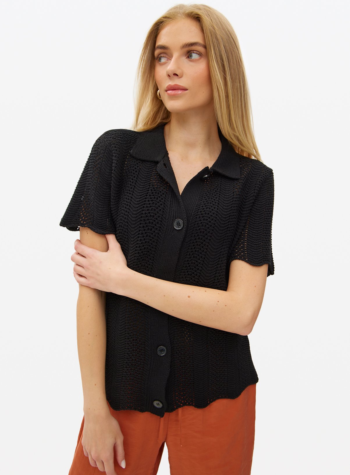 Black Pointelle Stitch Collared Shirt 10 - Image 1 thumbnail