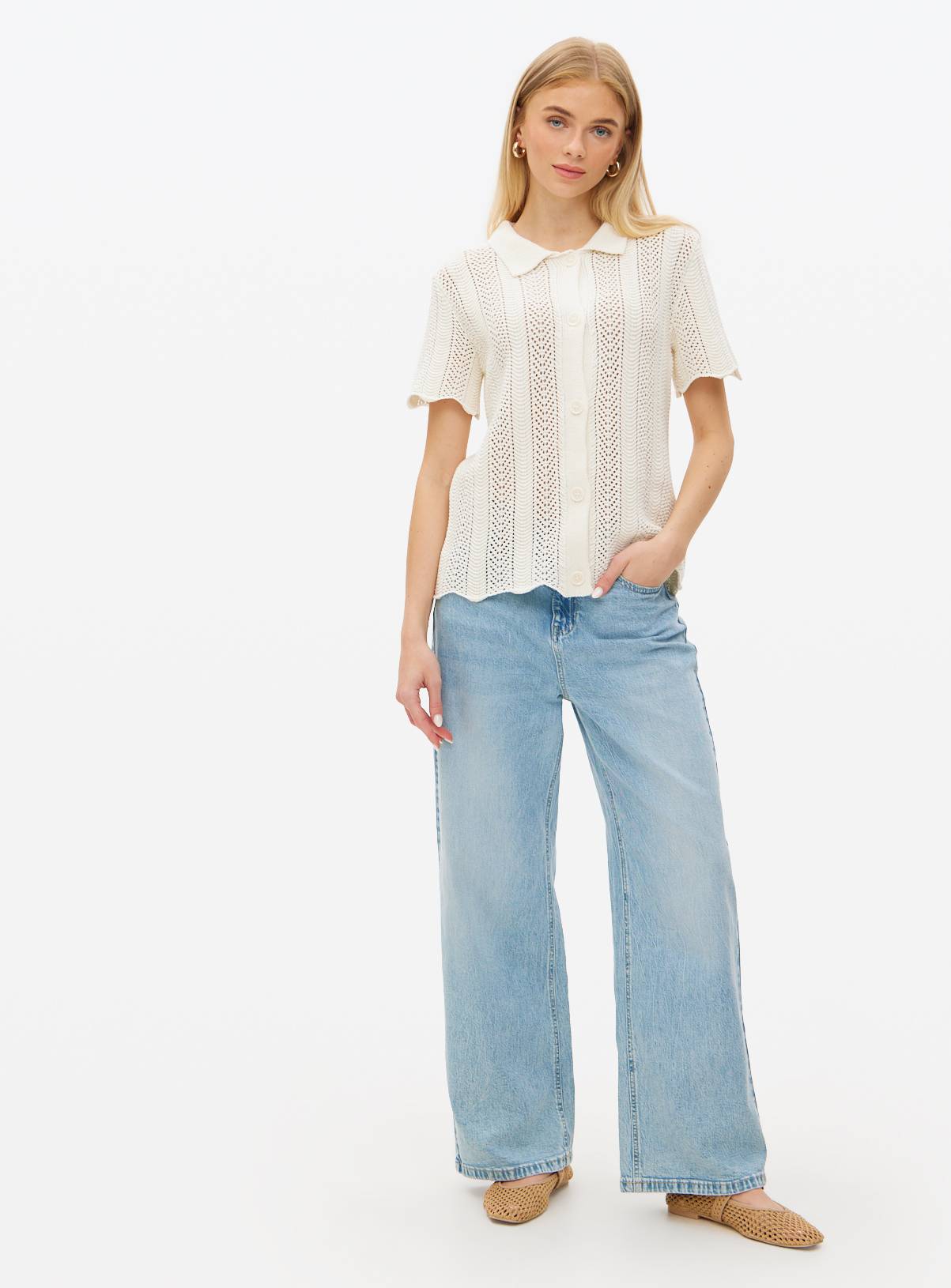 Cream Pointelle Stitch Collared Shirt 12 - Image 2