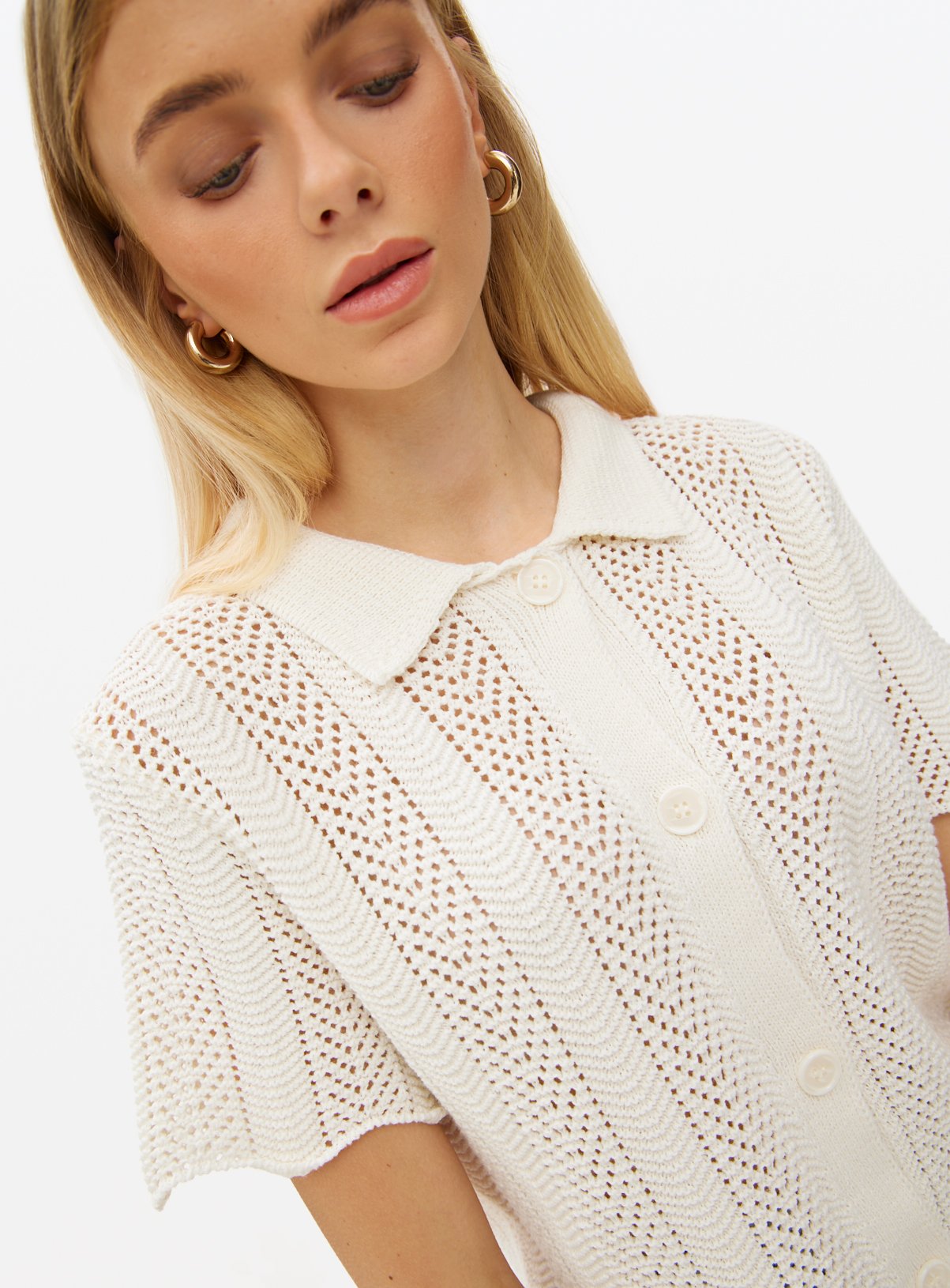 Cream Pointelle Stitch Collared Shirt 12 - Image 3 thumbnail