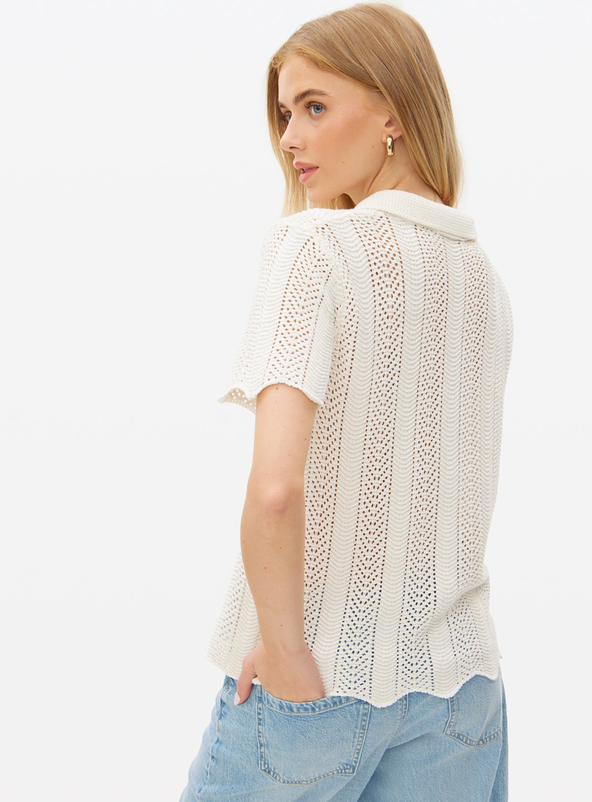 Cream Pointelle Stitch Collared Shirt 12 - Image 4 thumbnail