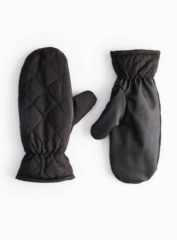 Black Contrast Quilted Mittens One Size