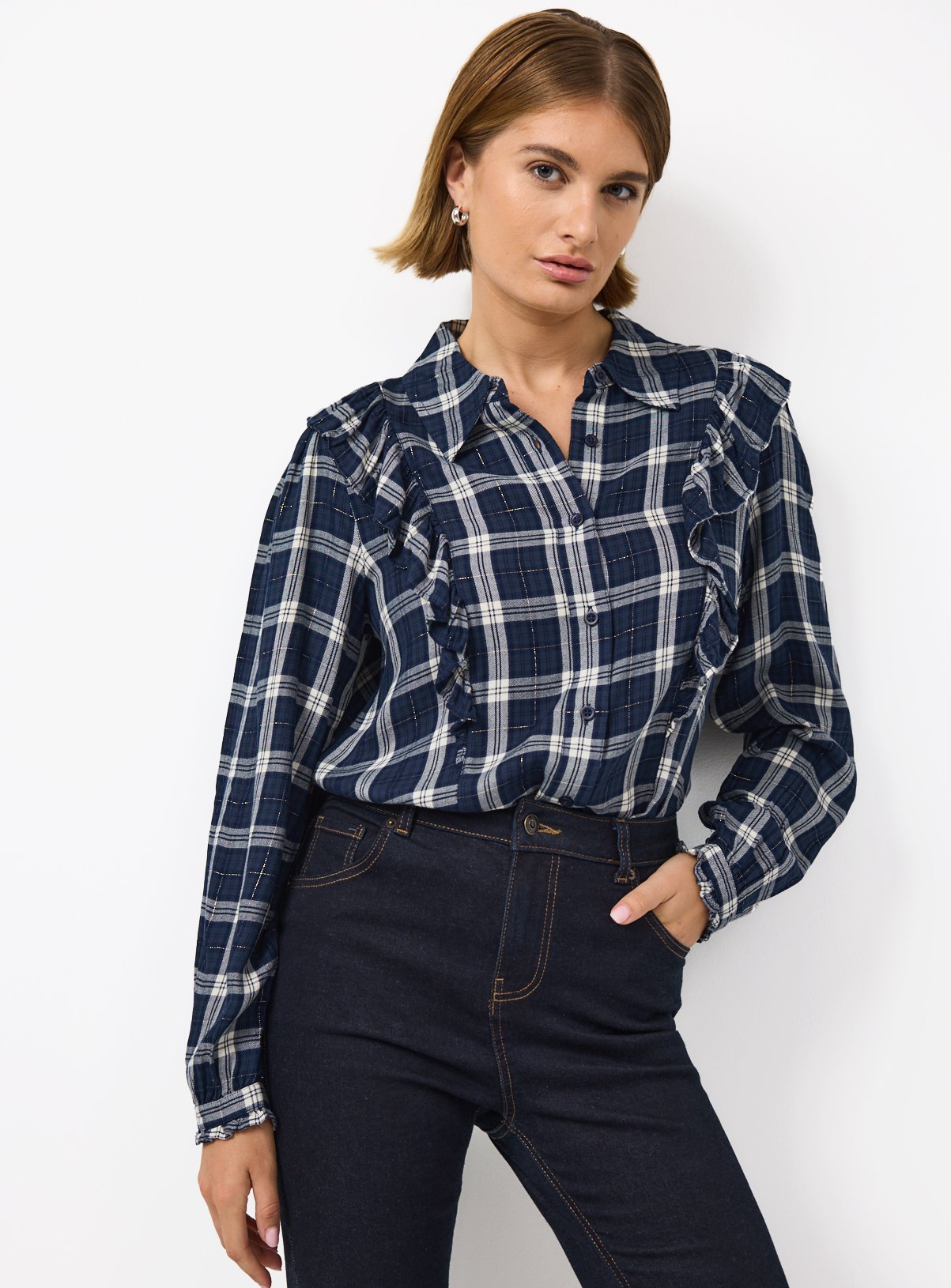 Navy Frill Detail Check Blouse