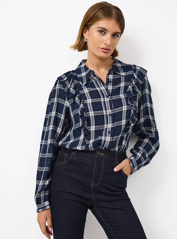 Navy Frill Detail Check Blouse 22