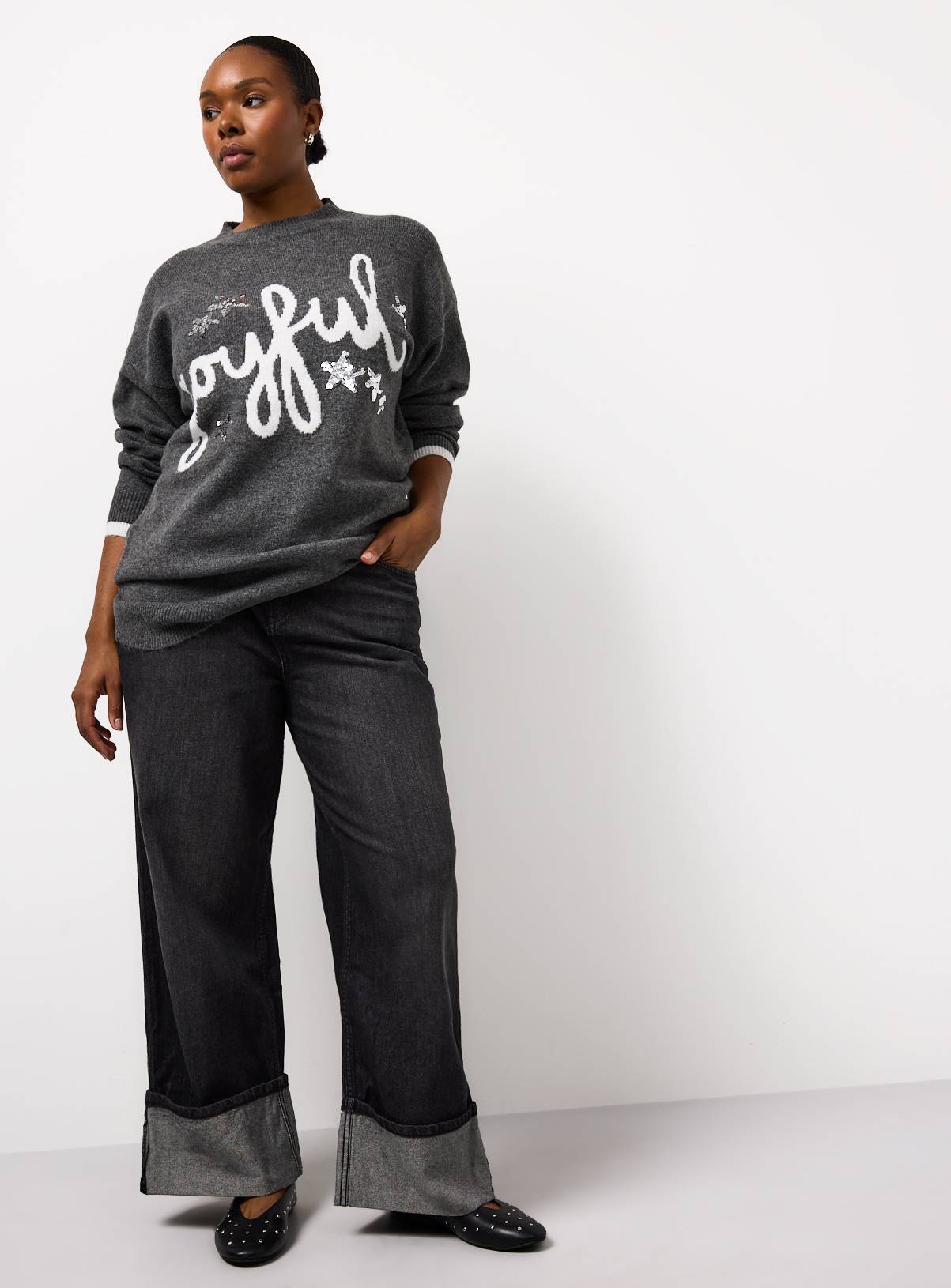 Grey Joyful Slogan Christmas Jumper 22 - Image 2
