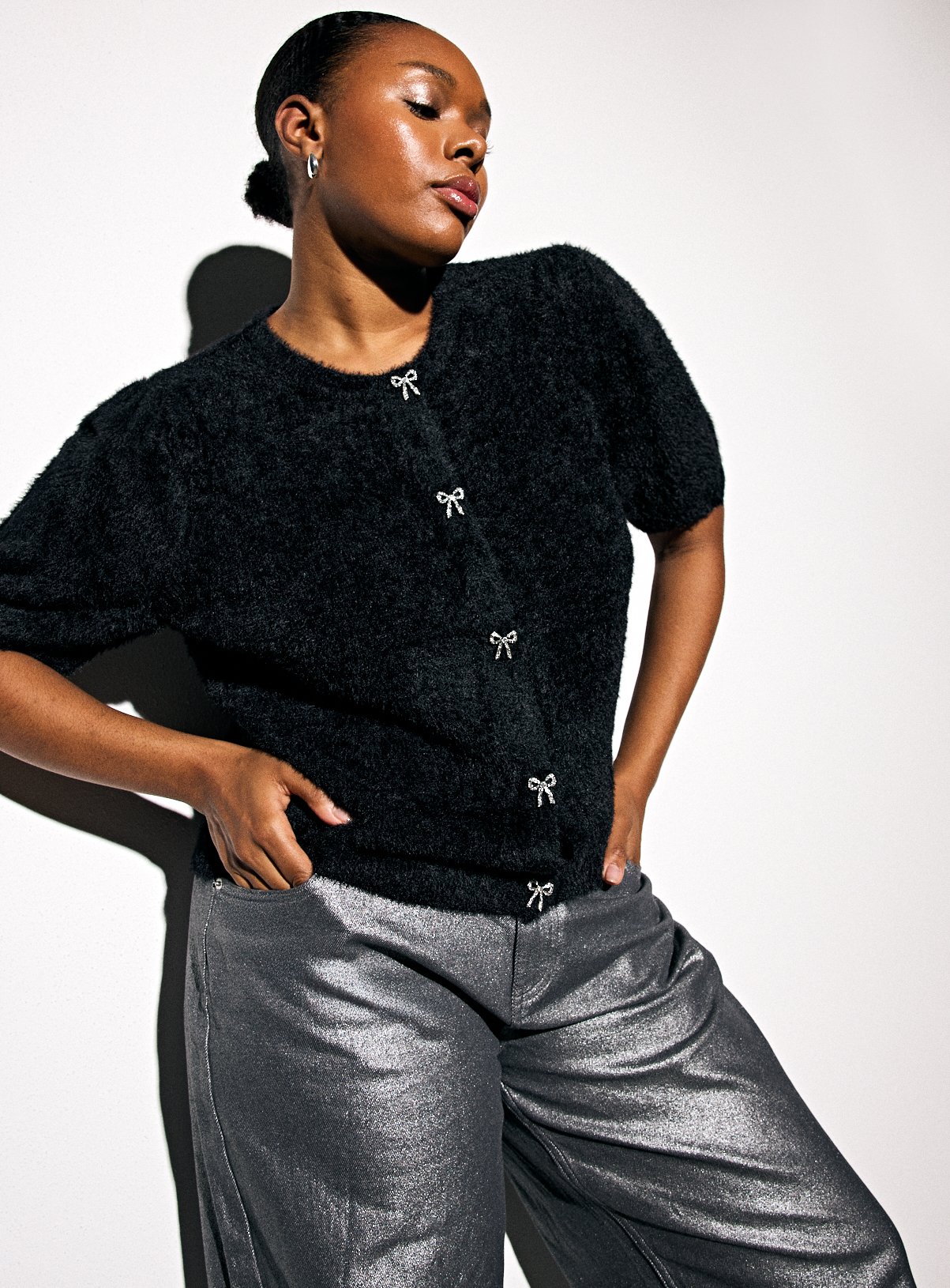 Black Fluffy Eyelash Bling Button Short Sleeve Cardigan 16