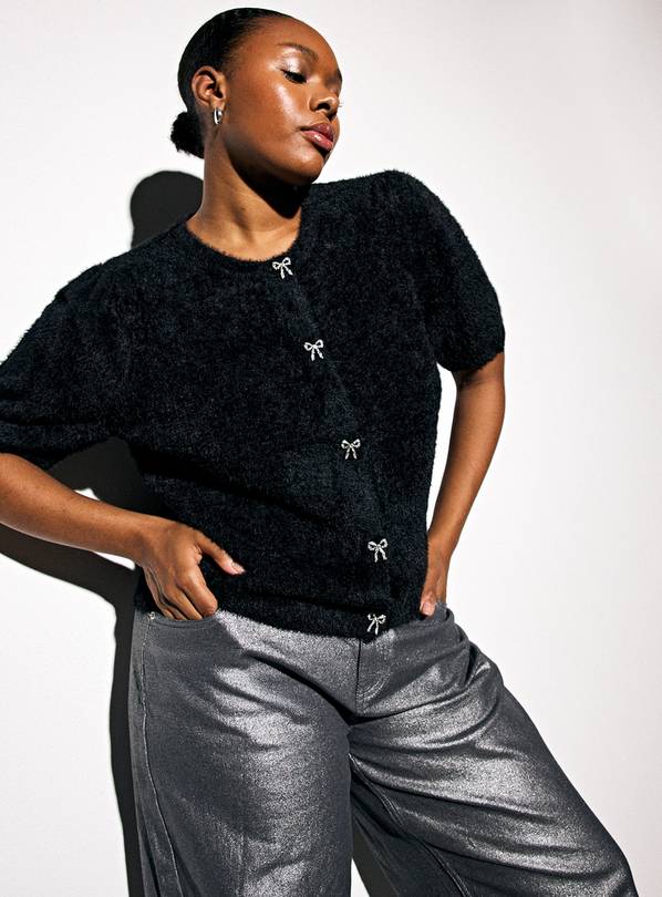 Black Fluffy Eyelash Bling Button Short Sleeve Cardigan 18