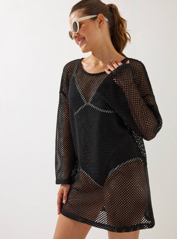 Black Crochet Short Dress Cover Up S