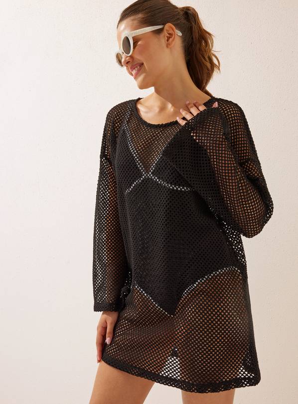 Black Crochet Short Dress Cover Up S