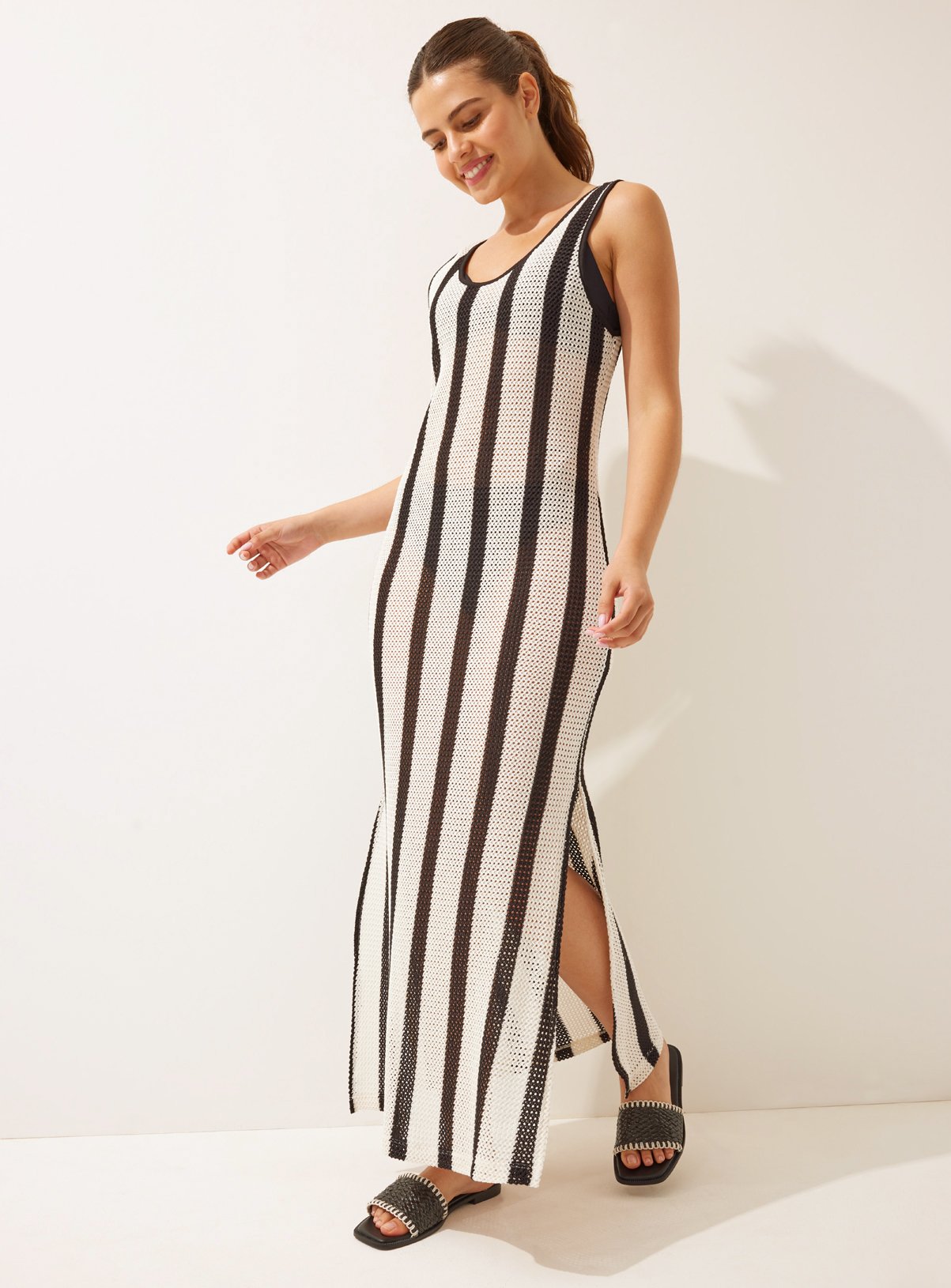Beige Stripe Crochet Cover Up Column Dress