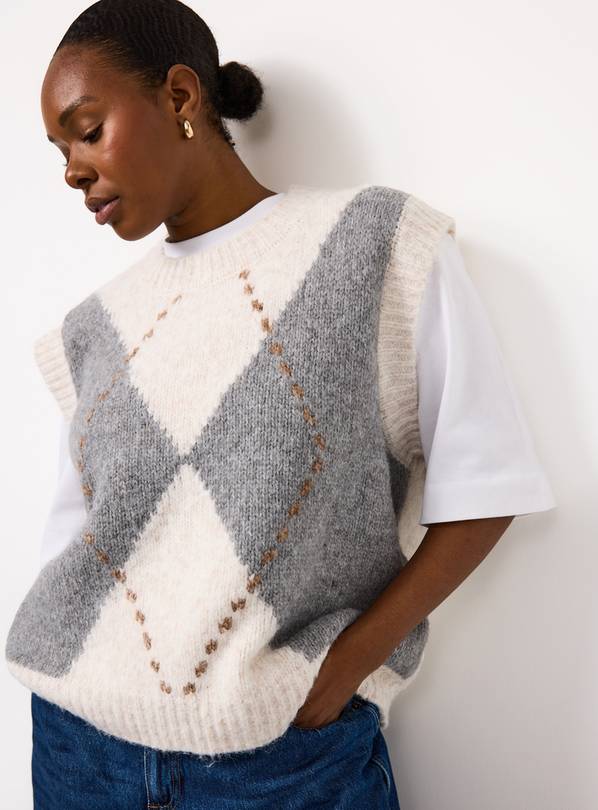 Argyle Grey & Cream Knitted Tank Top XL