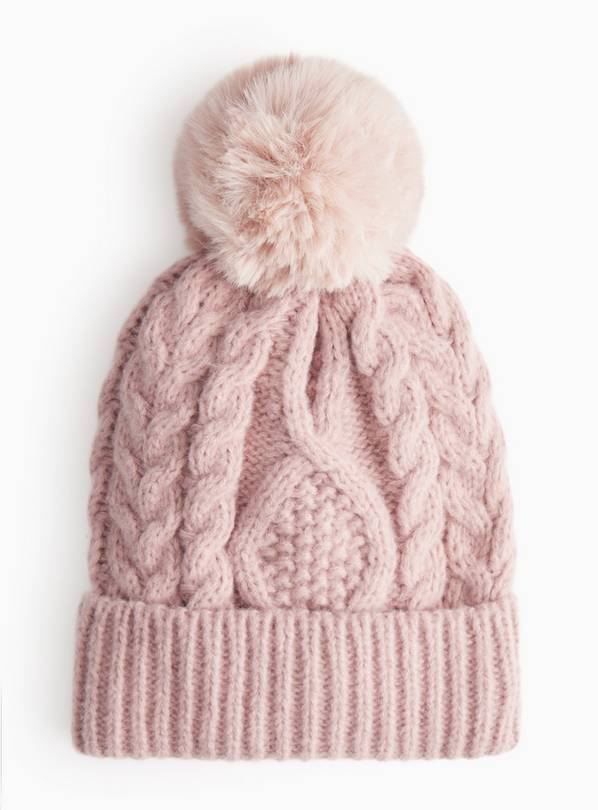 Pink Cable Knitted Pom Pom Beanie  One Size