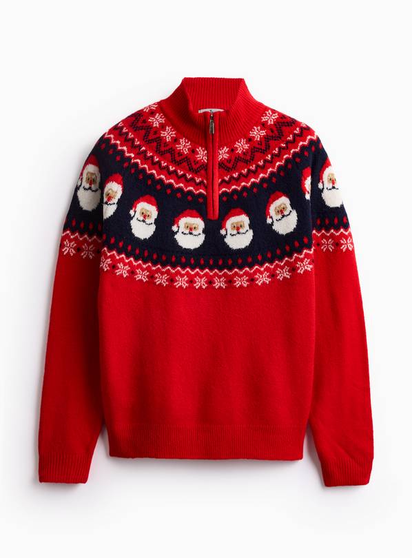 Red Christmas Santa Fairisle Quarter Zip Jumper  L