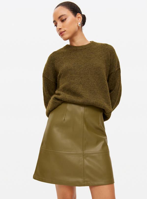 Khaki Faux Leather A-Line Mini Skirt 10