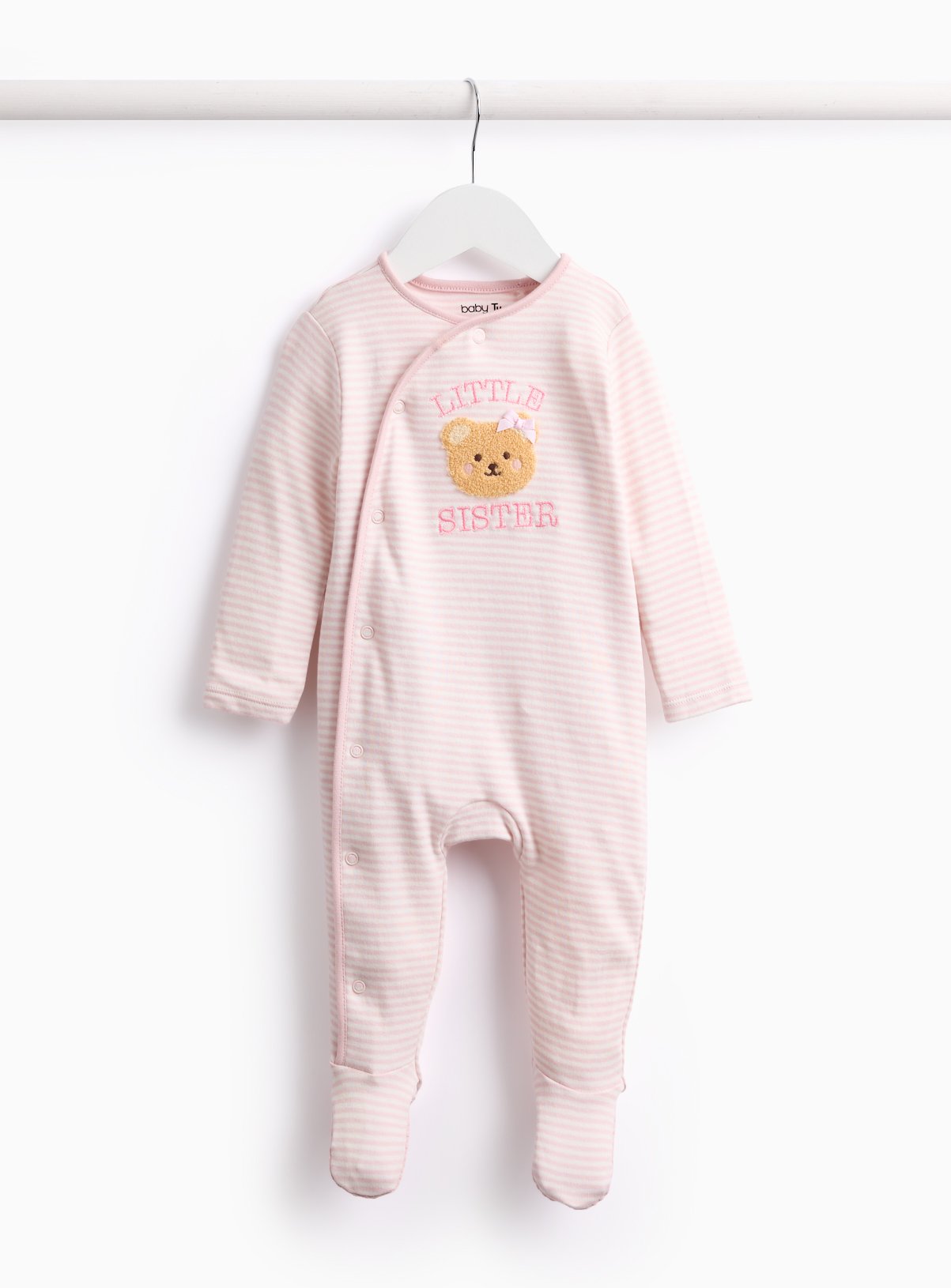 Pink Pink Striped Little Sister Slogan Sleepsuit - Tu by Sainsbury's