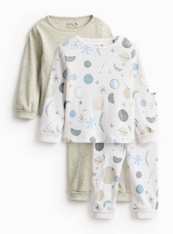 Moon Print And Grey Ribbed Pyjamas 2 Pack 6-9 months