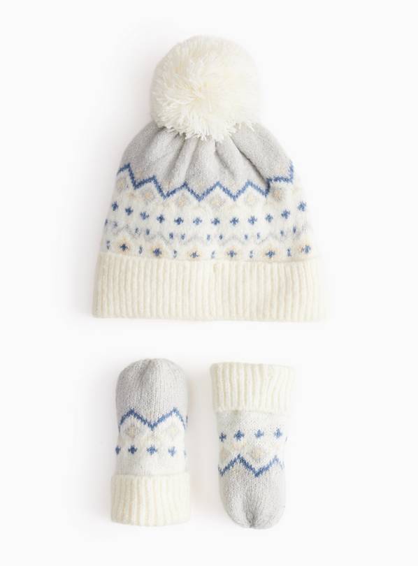 Fairisle Knitted Pom Pom Hat & Mittens Set 1-2 years